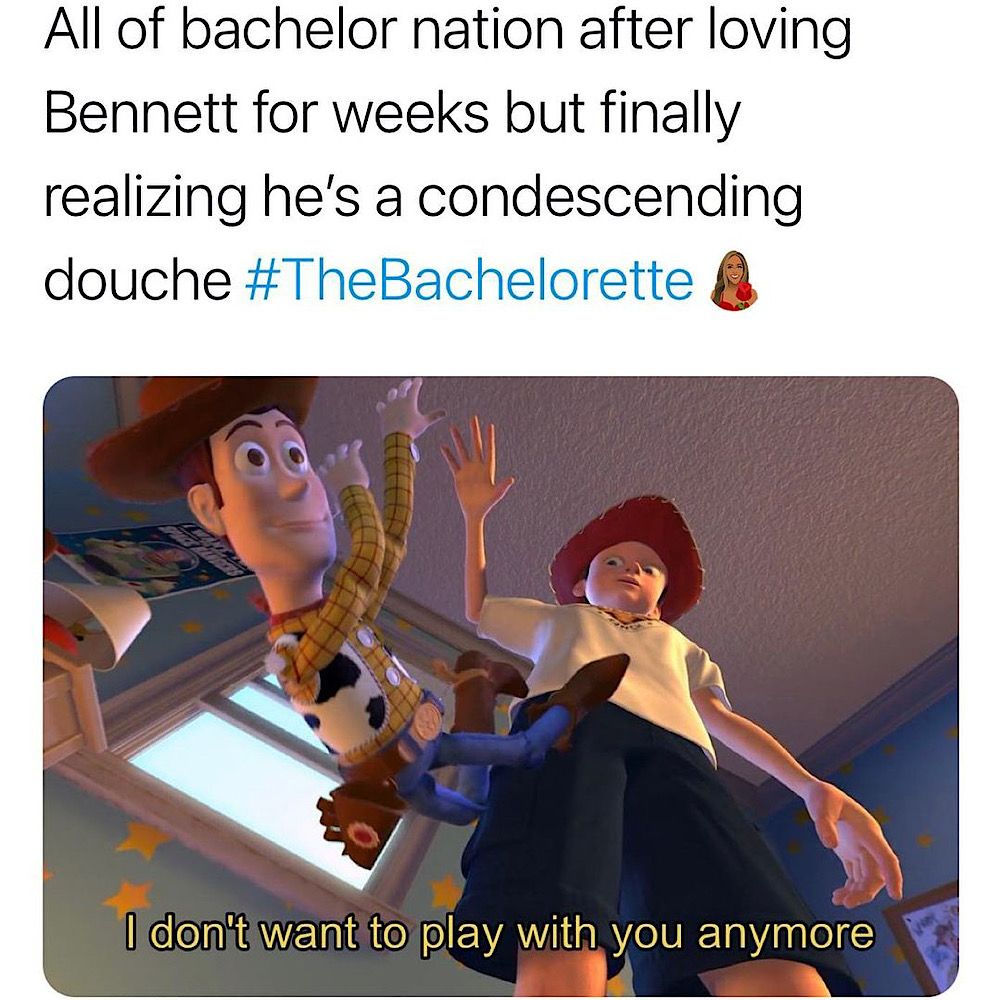 An image of Andy abandoning Woody in Toy Story accompanies a tweet about The Bachelorette