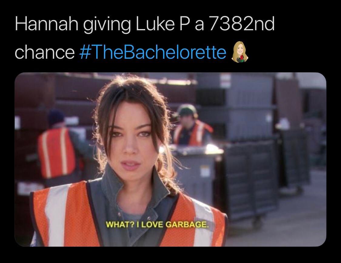 April Ludgate says she loves garbage in a meme about Hannah and Luke from The Bachelorette