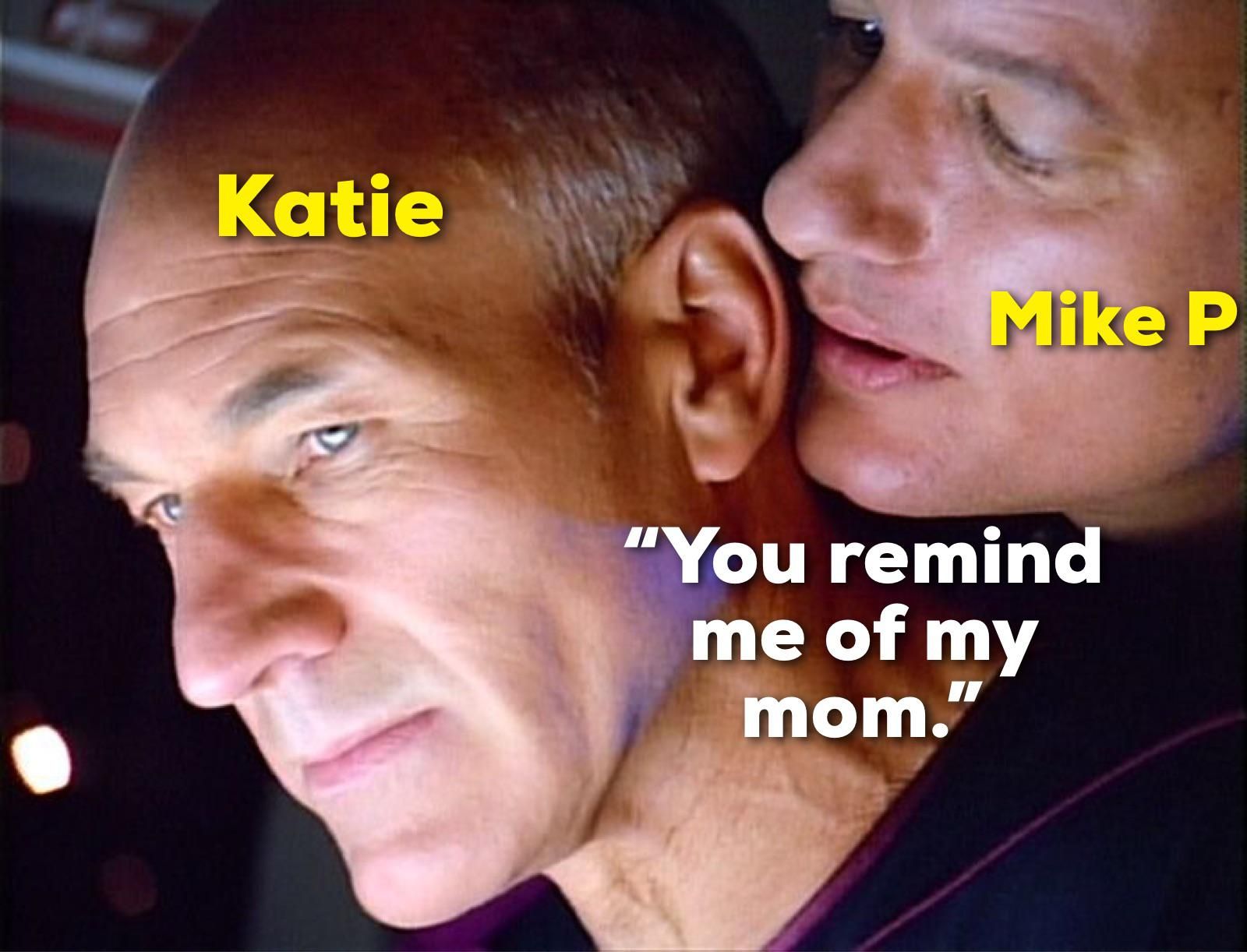 Q whispers in Captain Picard's ear in a meme about Mike P. and Katie from The Bachelorette