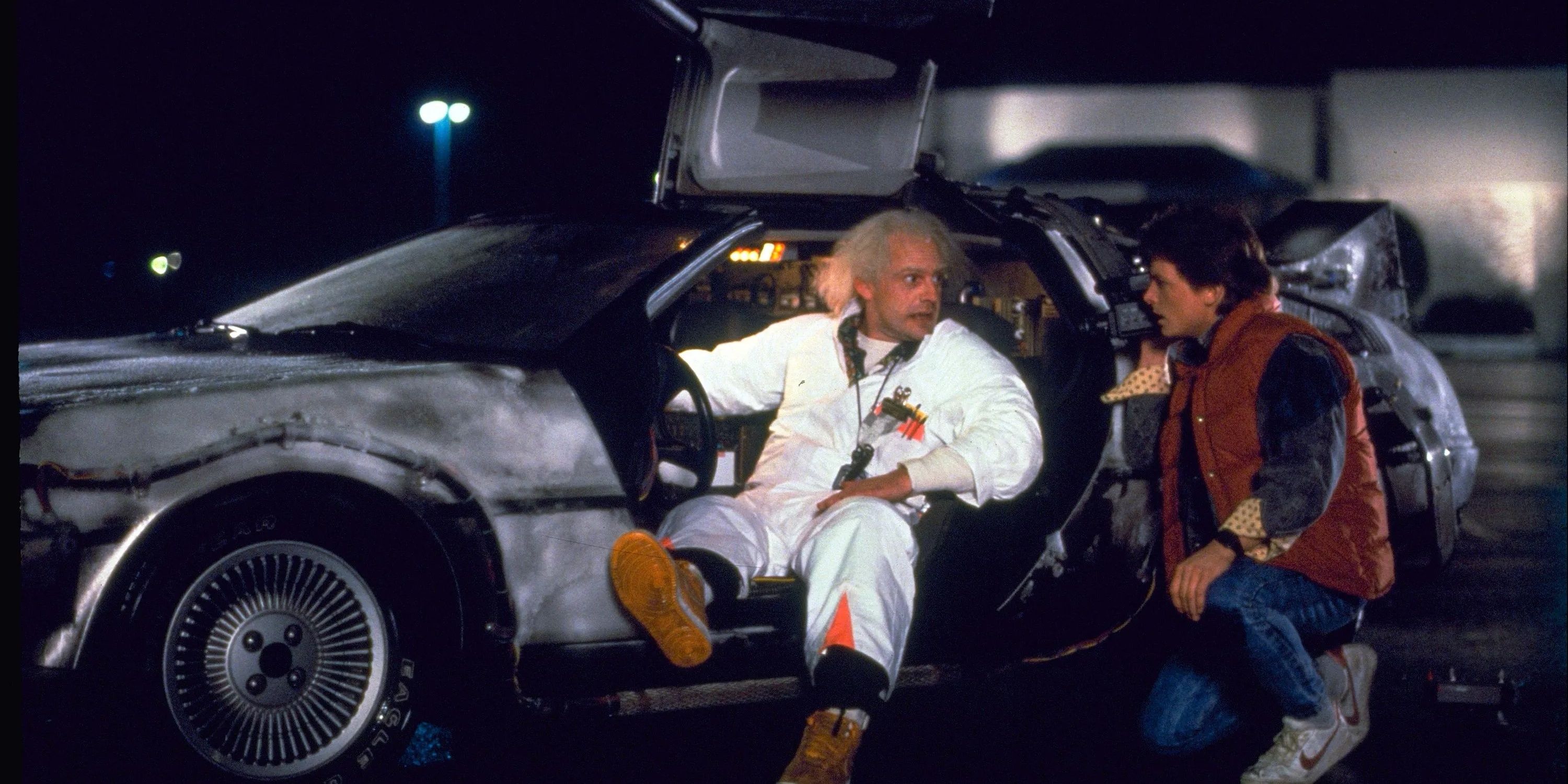 Christopher Lloyd and Michael J. Fox by the DeLorean in Back to the Future