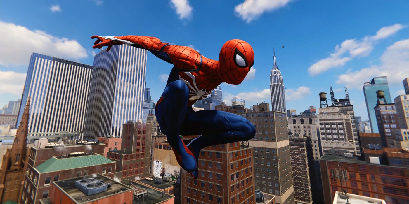 Spider-Man soaring through New York City.