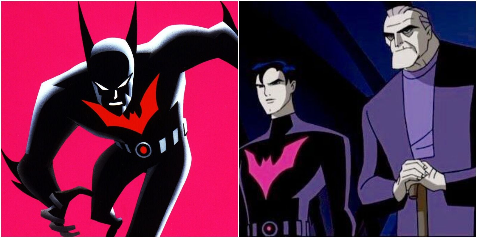 Batman Beyond and a still from the show featuring Terry McGinnis as Batman and Bruce Wayne