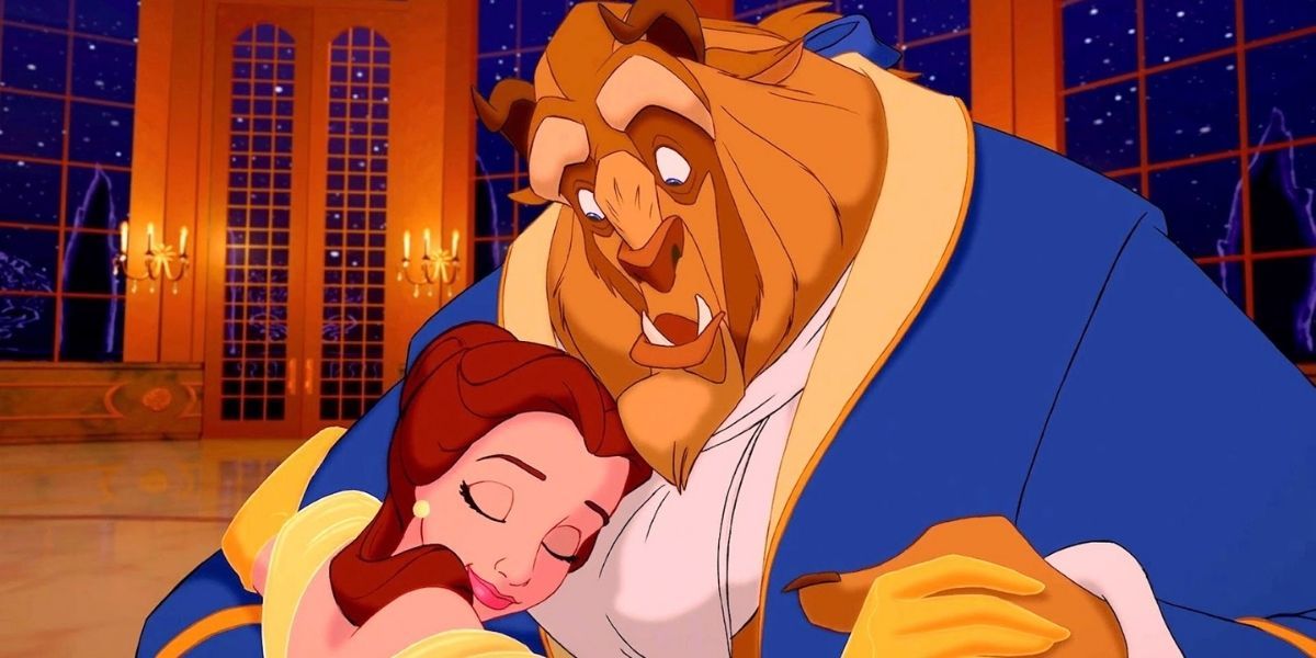 Belle hugs the Beast while dancing