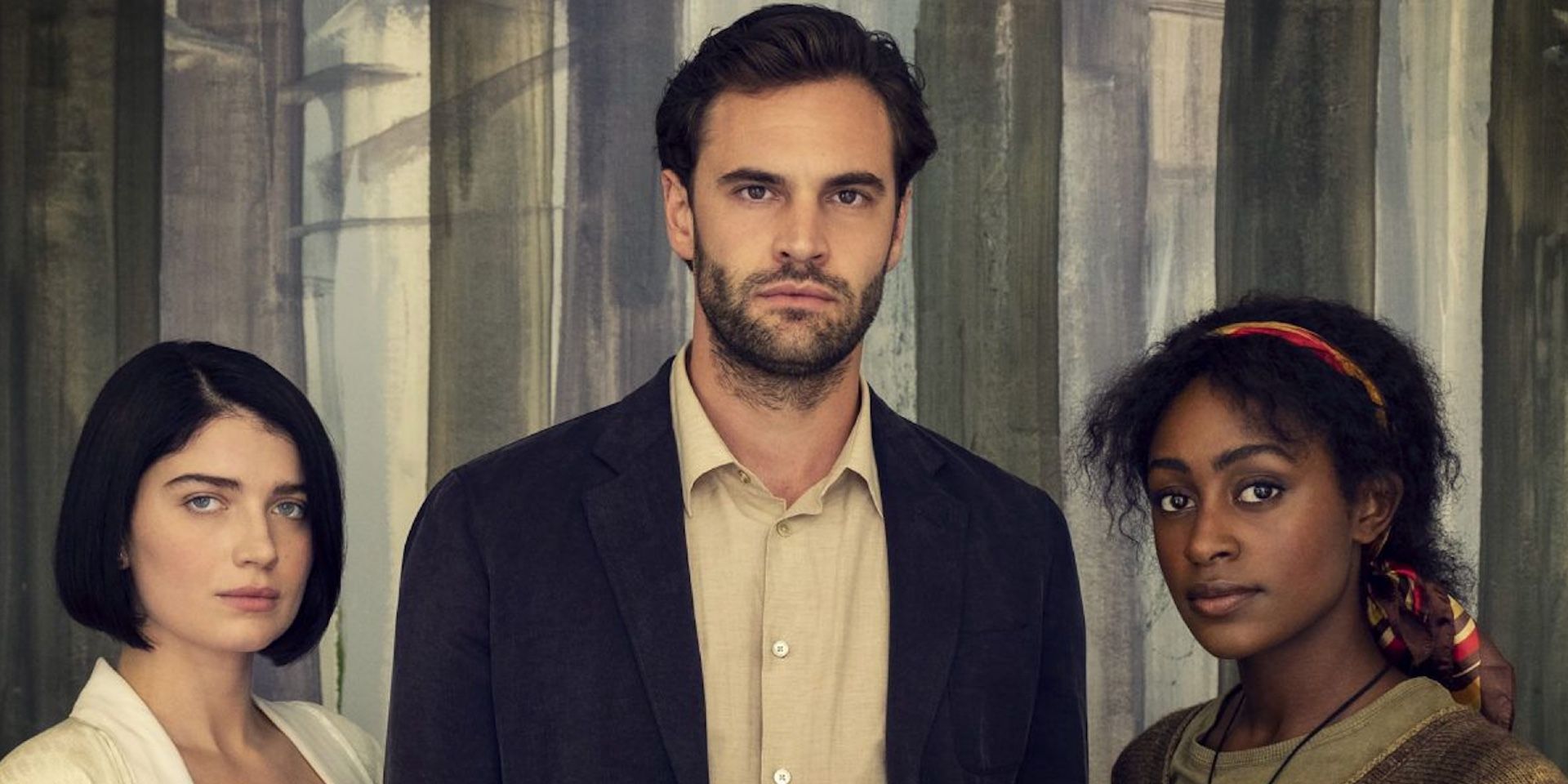 Eve Hewson, Tom Bateman, and Simona Brown looking directly into the camera in Behind Her Eyes on Netflix