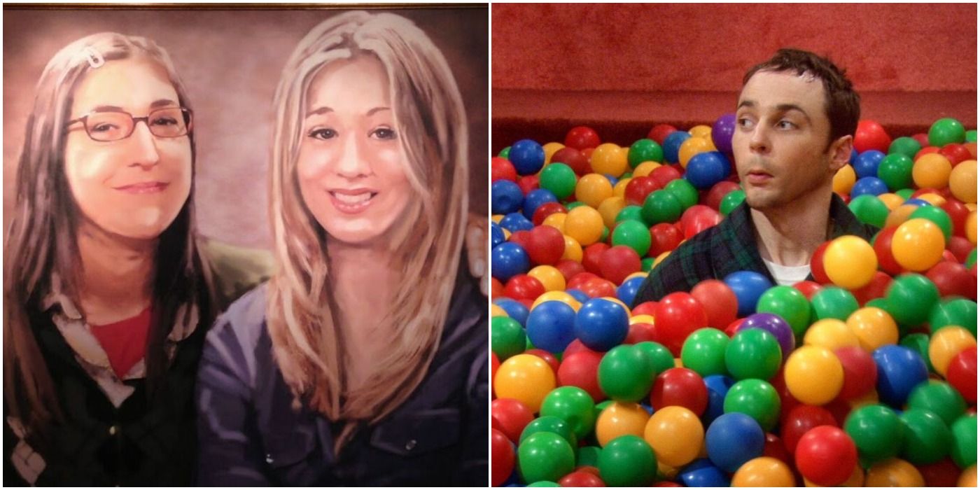 Oil painting of happy Amy and creeped-out Penny/Sheldon in ball pit wearing bathrobe