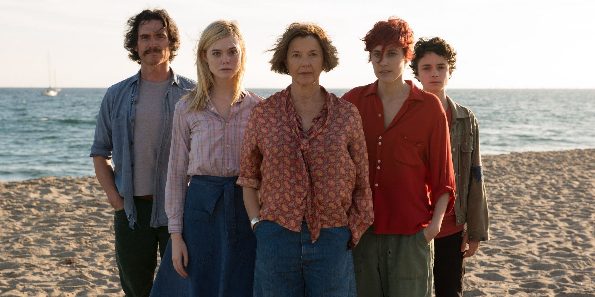 The main cast of 20th Century Women posing on the beach