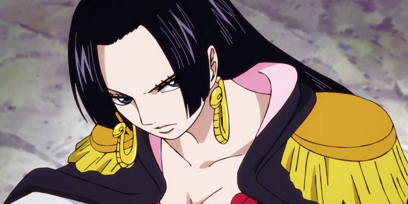 Boa Hancock in One Piece looking up through her hair