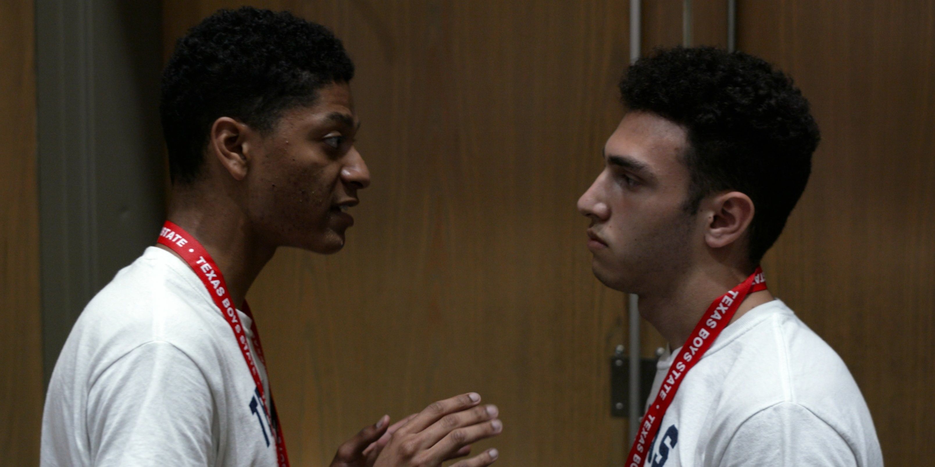 Two teenagers conversing in Boys State