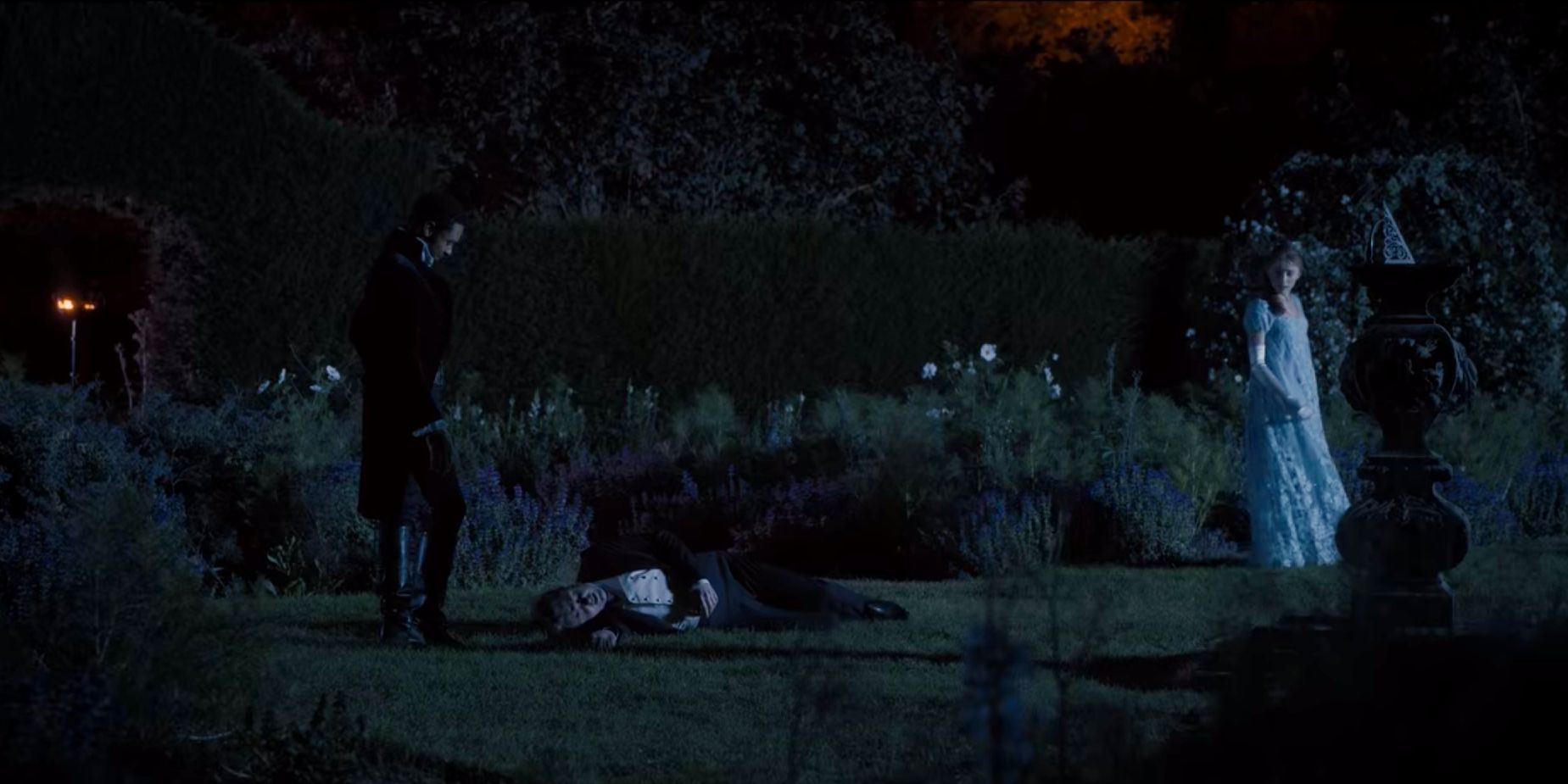 Simon and Daphne stand on either side of an unconscious Lord Berbrooke in Bridgerton season 1