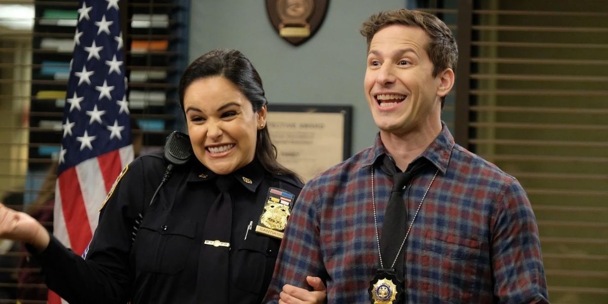 Jake and Amy smile widely in Brooklyn Nine-Nine
