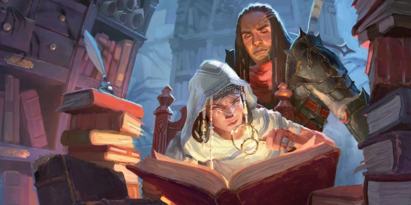Two explorers look at a book from D&D.