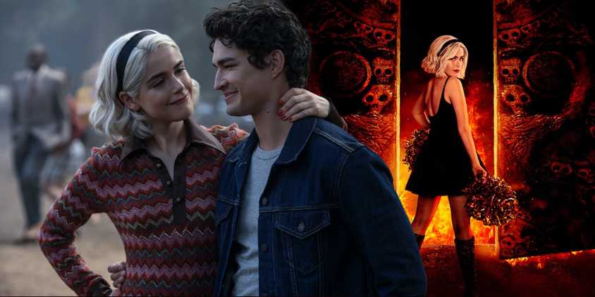 A blended image features Sabrina and Nick smiling alongside Sabrina as a hellish cheerleader in Chilling Adventures of Sabrina