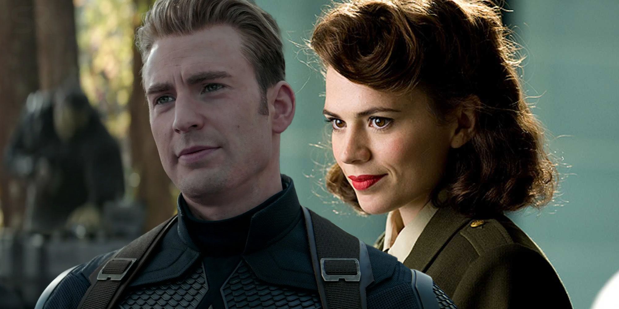 Imagem dividida de Chris Evans como Capitão América de Avengers: Endgame e Peggy Carter de The First Avenger.