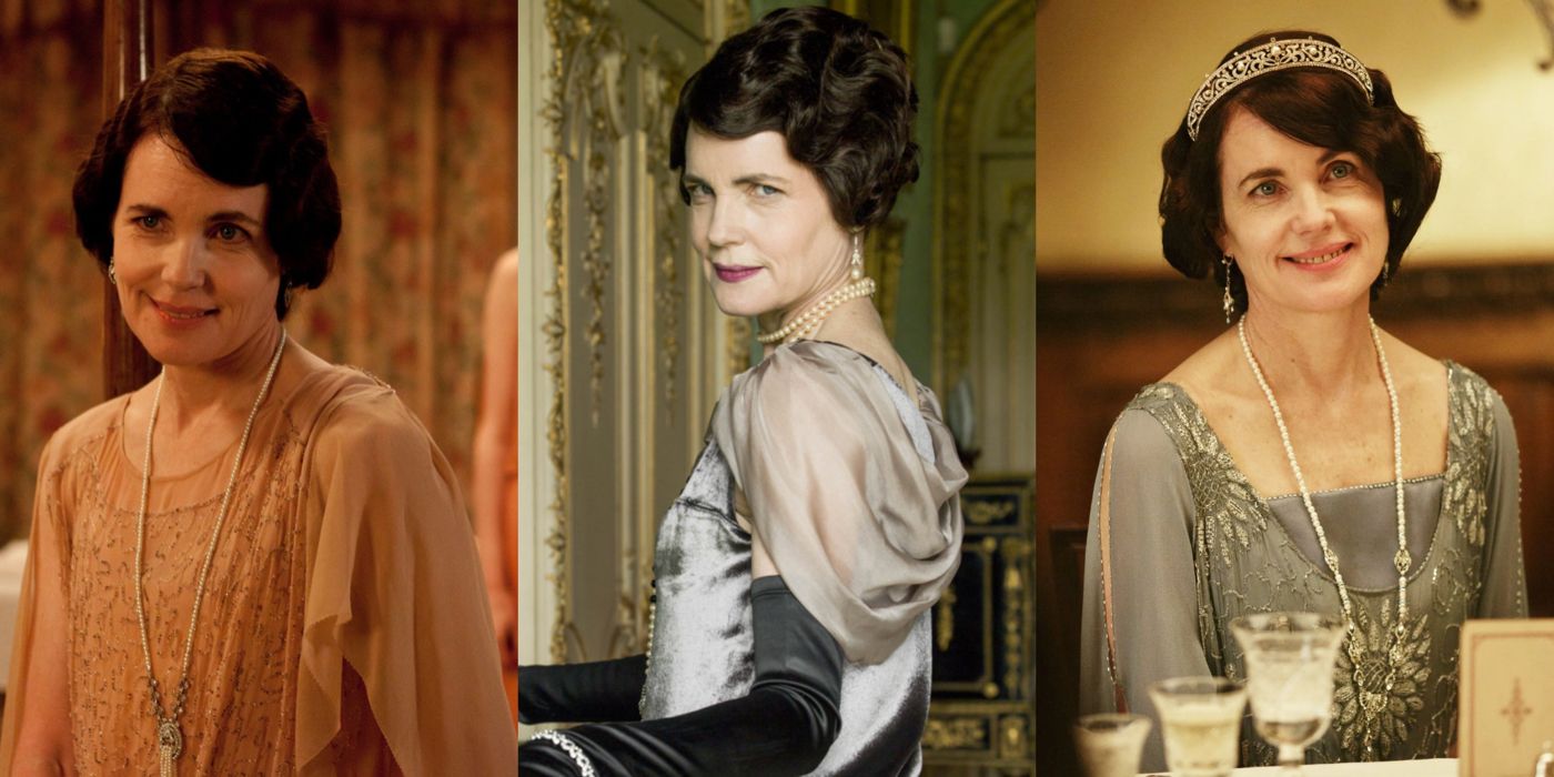 3 images of Cow Crawley from Downton Abbey in a split image