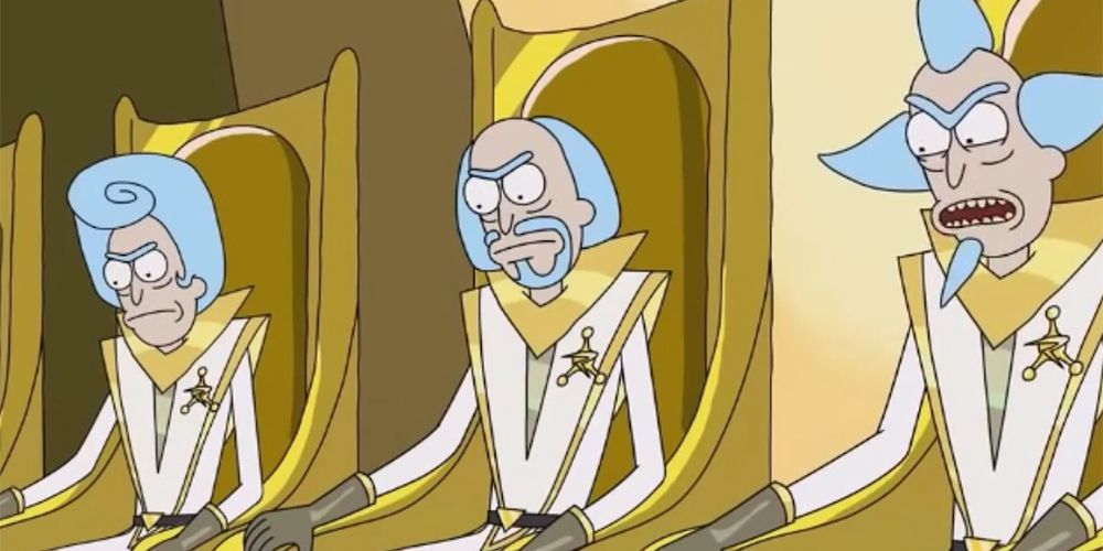 Three Ricks with different hairstyles sit at the Council of Ricks