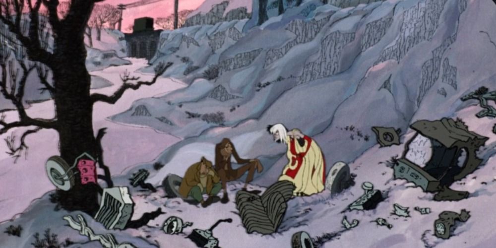 Cruella, Jasper and Horace sitting in the wreckage of the car in 101 Dalmatians