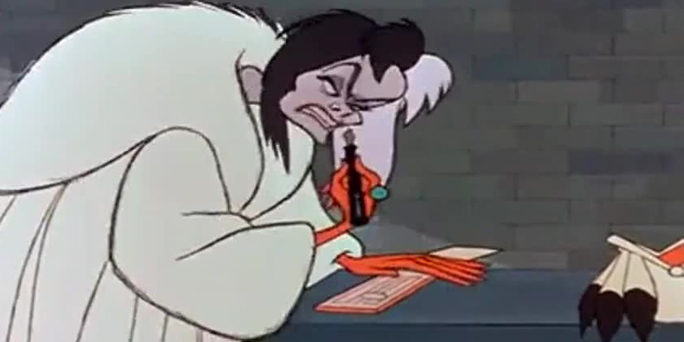 Cruella looking angrily at her pen in 101 Dalmatians