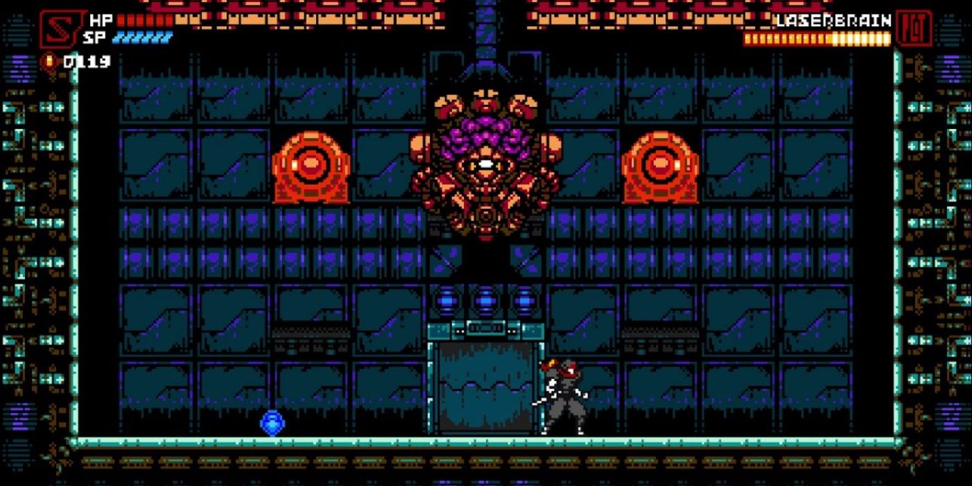 A character holds a sword under a giant brain from the video game Cyber Shadow