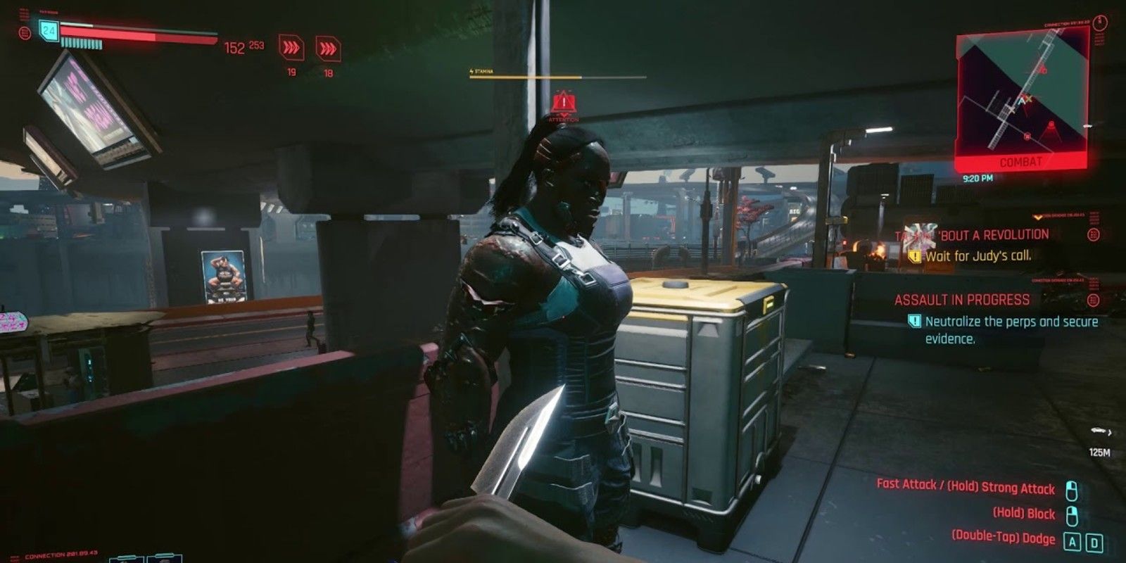 V uses a knife to 1-hit kill an enemy in Cyberpunk 2077