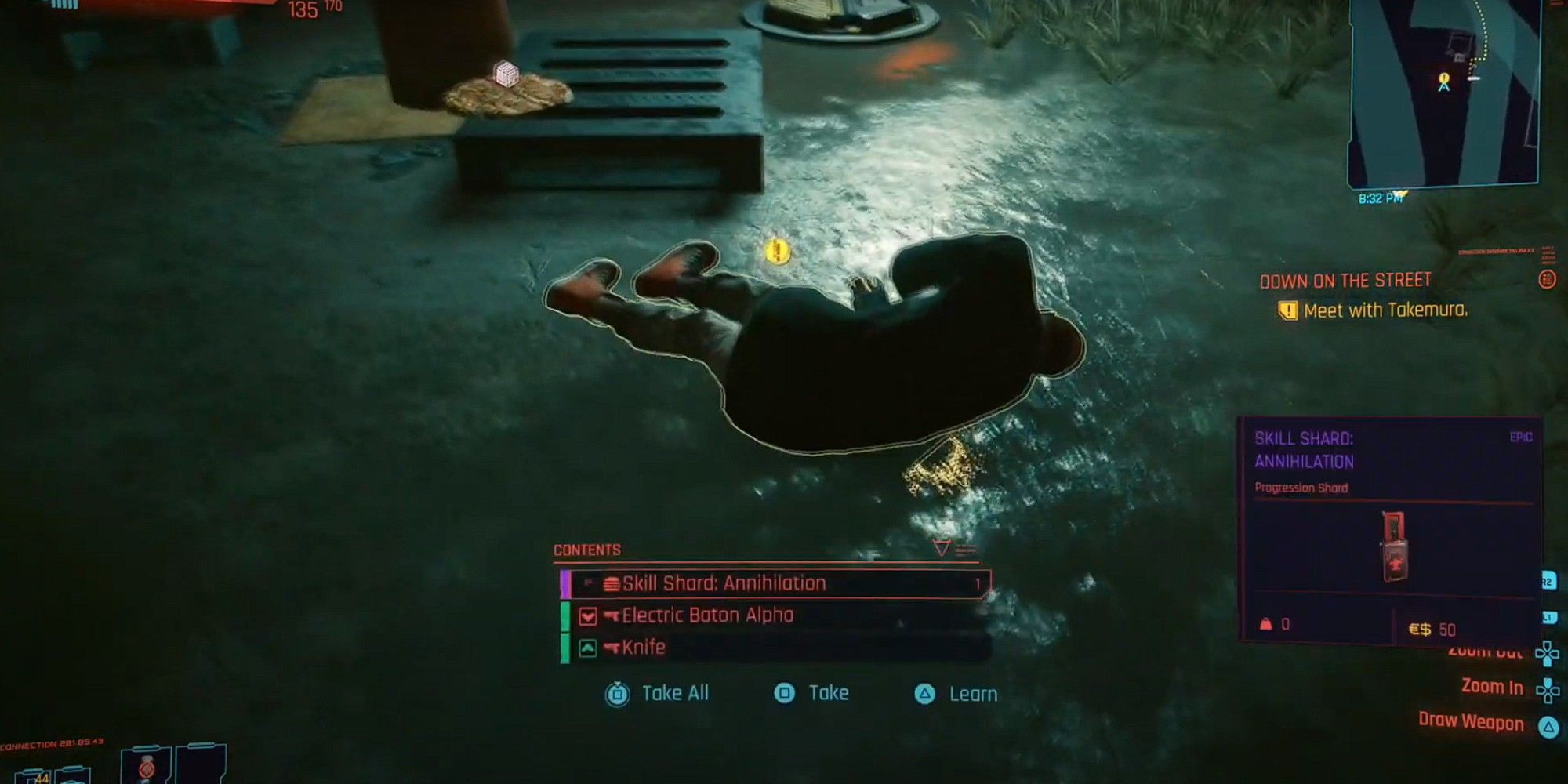A player finds a Hidden Gem and some other loot on the body of a man in the Homeless Camp in Kabuki in Cyberpunk 2077