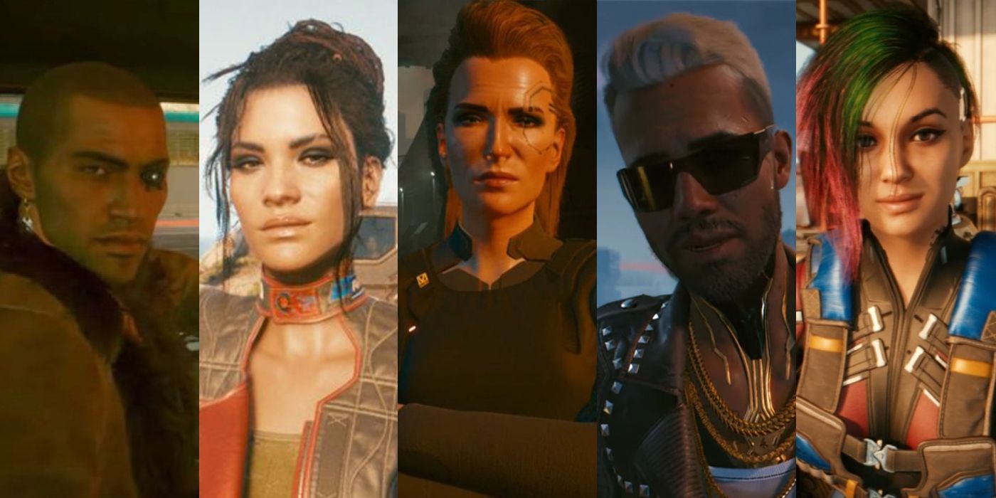 A collage of close-up images of River, Panam, Meredith, Kerry, and Judy from Cyberpunk 2077.