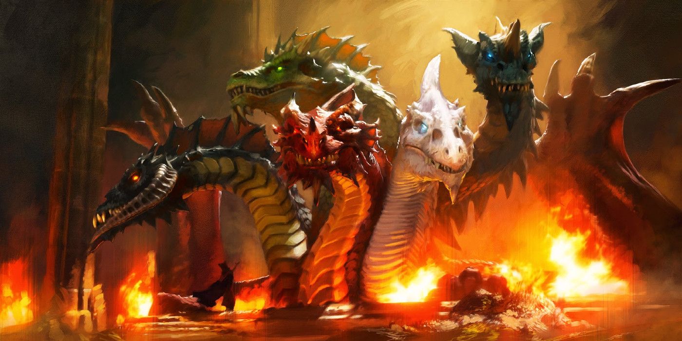 Tiamat's many heads loom above lava from D&D