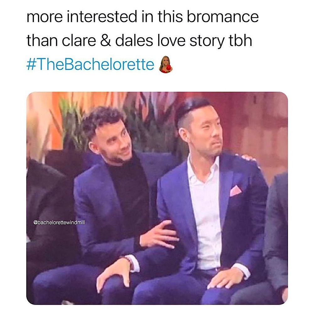 An image of Brendan and Joe sitting side by side on The Bachelorette accompanies a tweet about their bromance