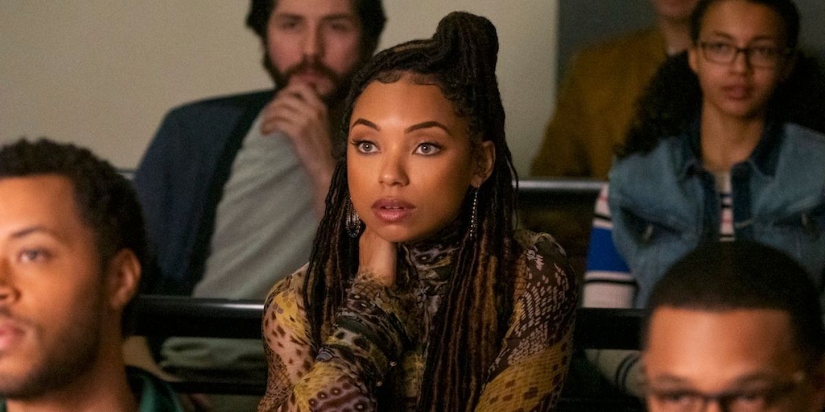 Logan Browning in class in Dear White People