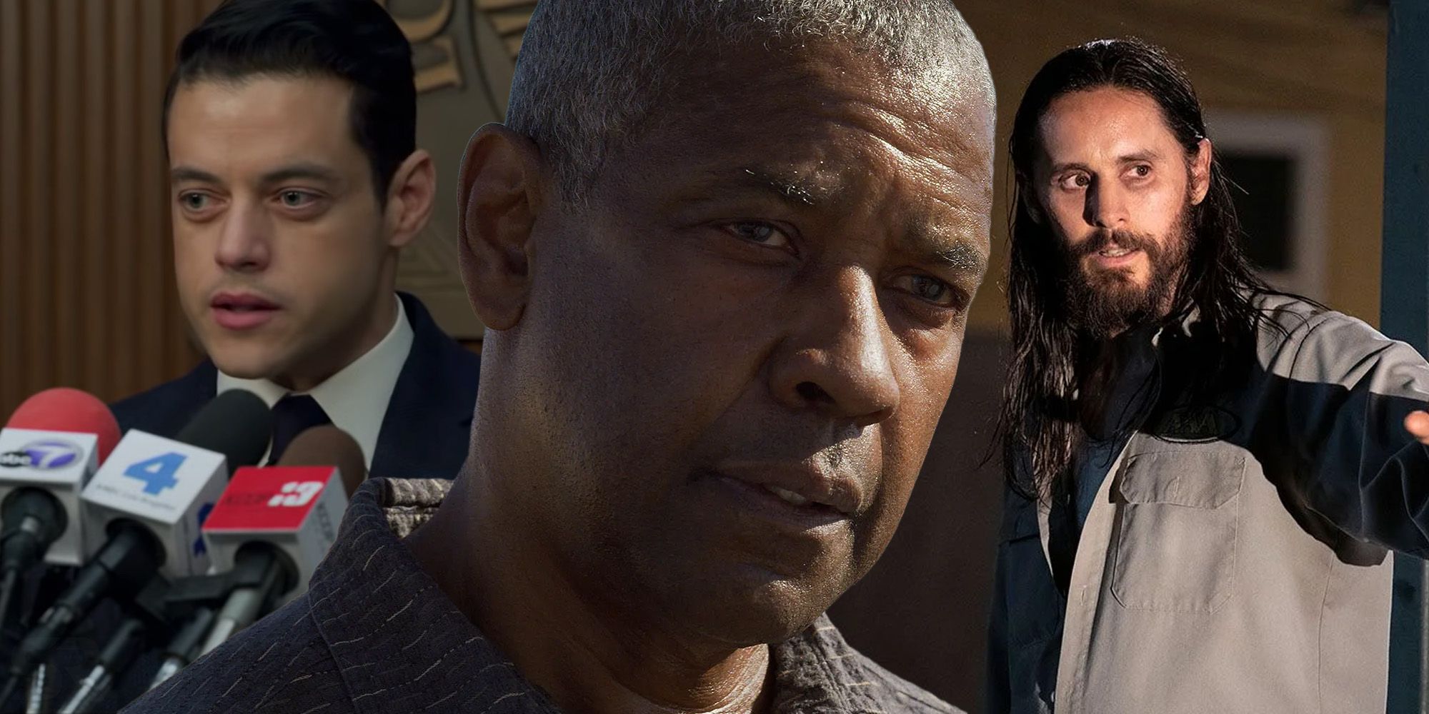 Split image of Rami Malek, Denzel Washington, and Jared Leto in The Little Things