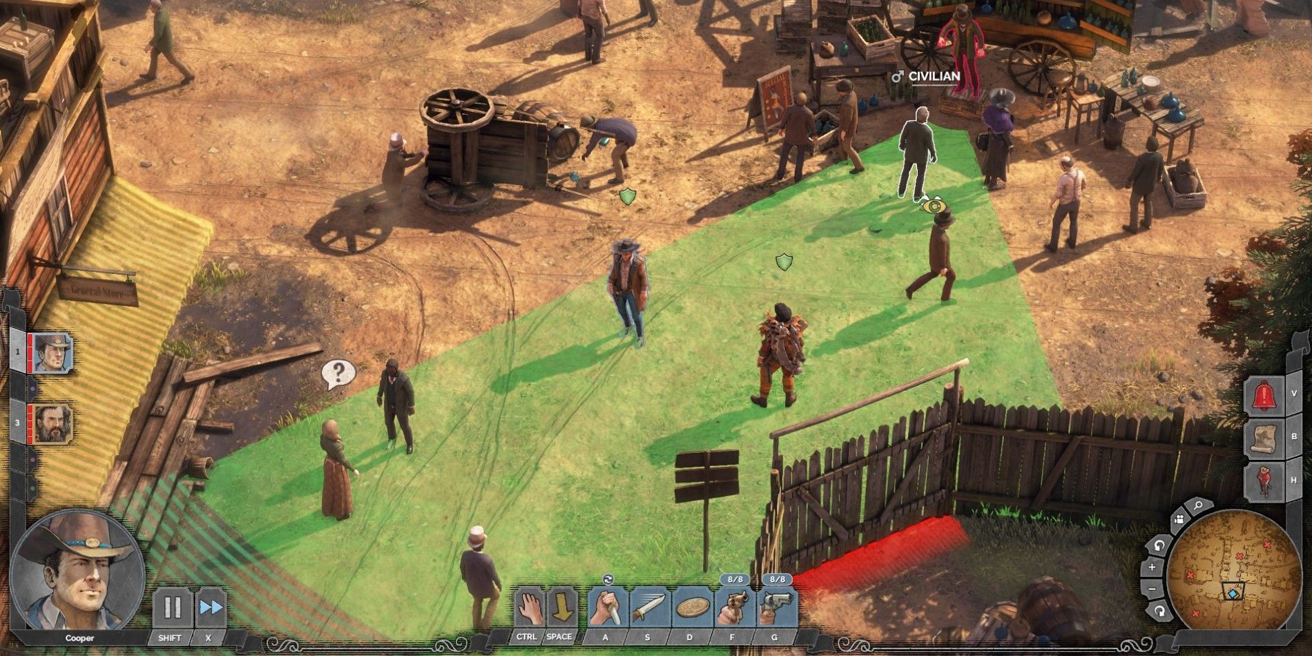Gameplay screenshot in the city in Desperados 3