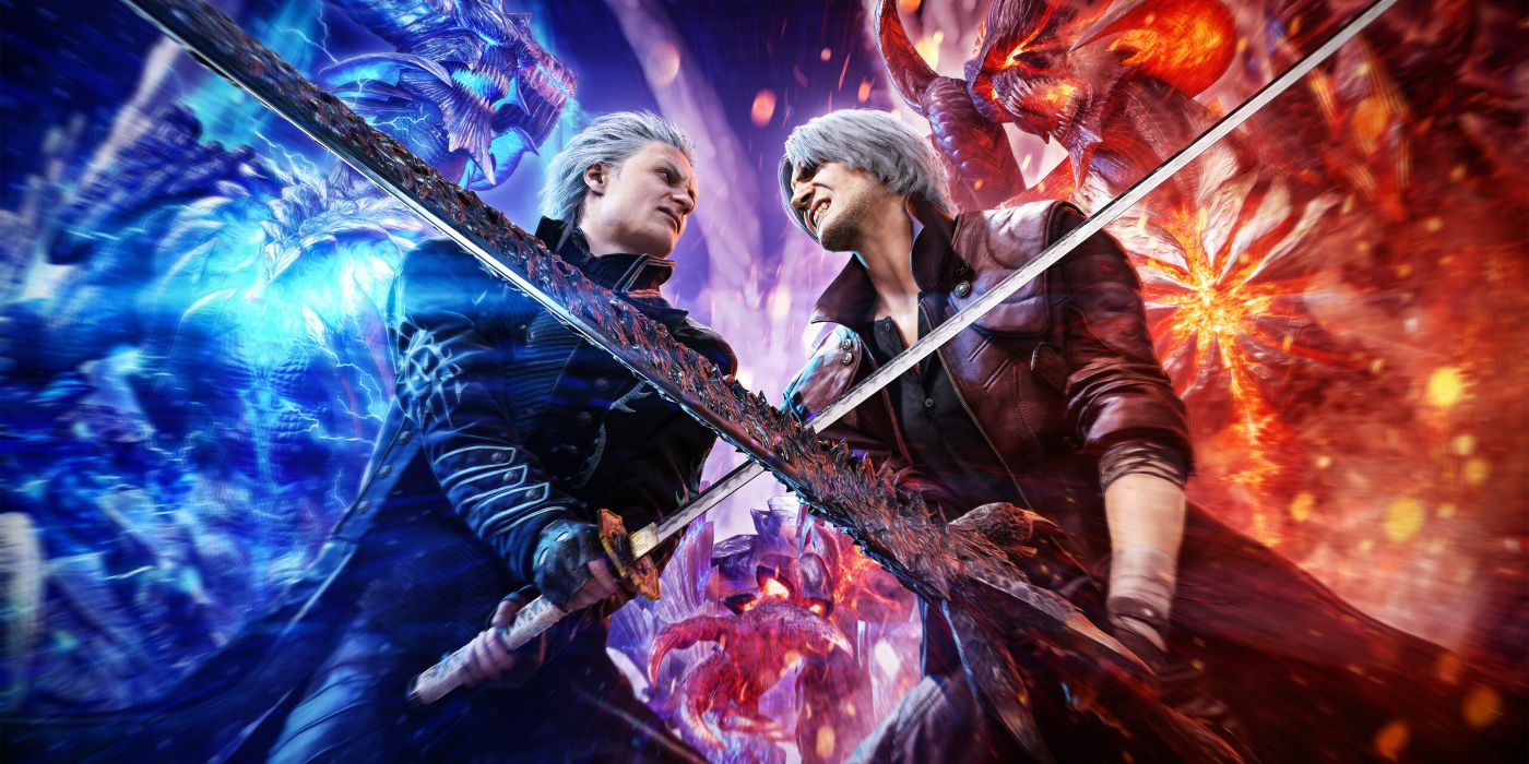 In Devil May Cry 5, the red-clad Dante clashes swords with the blue-clad Vergil.