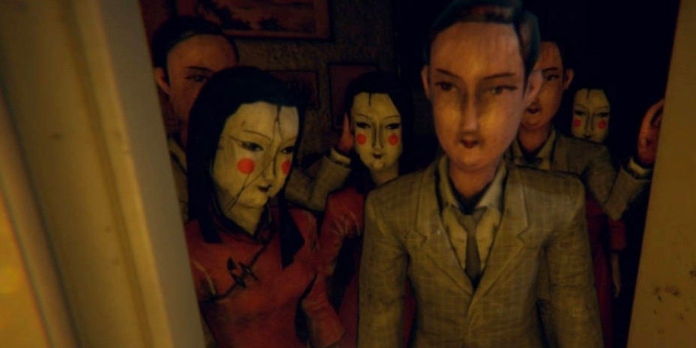 Creepy dolls lurk in a doorway from Devotion
