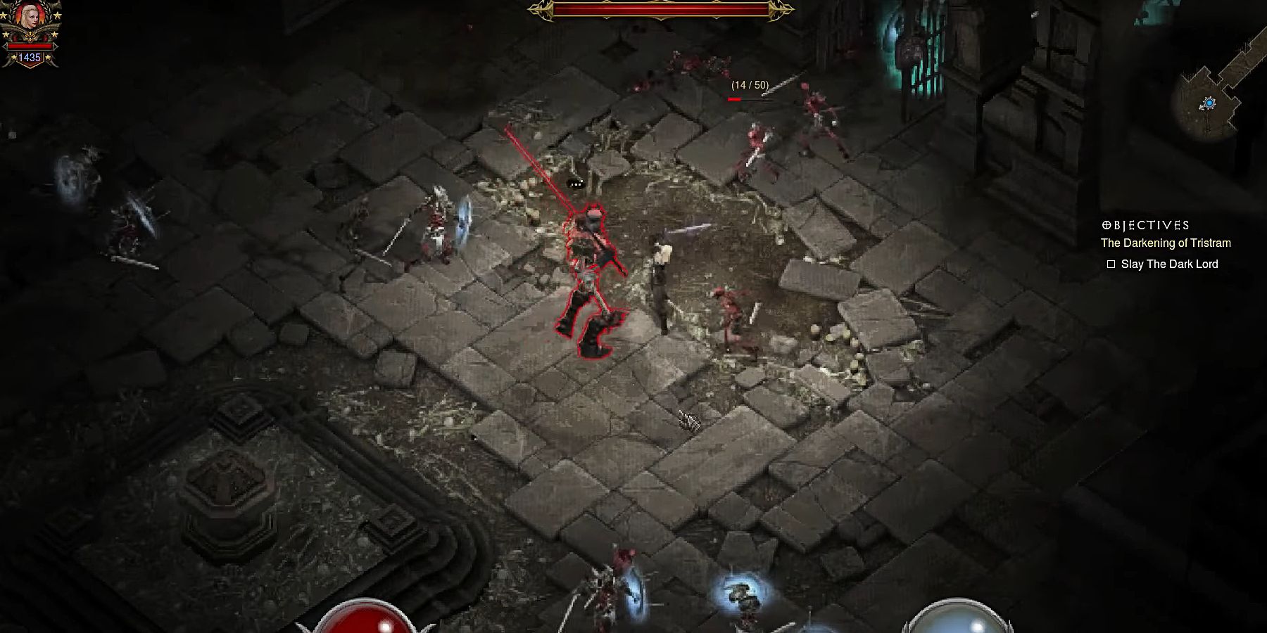 The player character surrounded by enemies in a dungeon in Diablo 3.