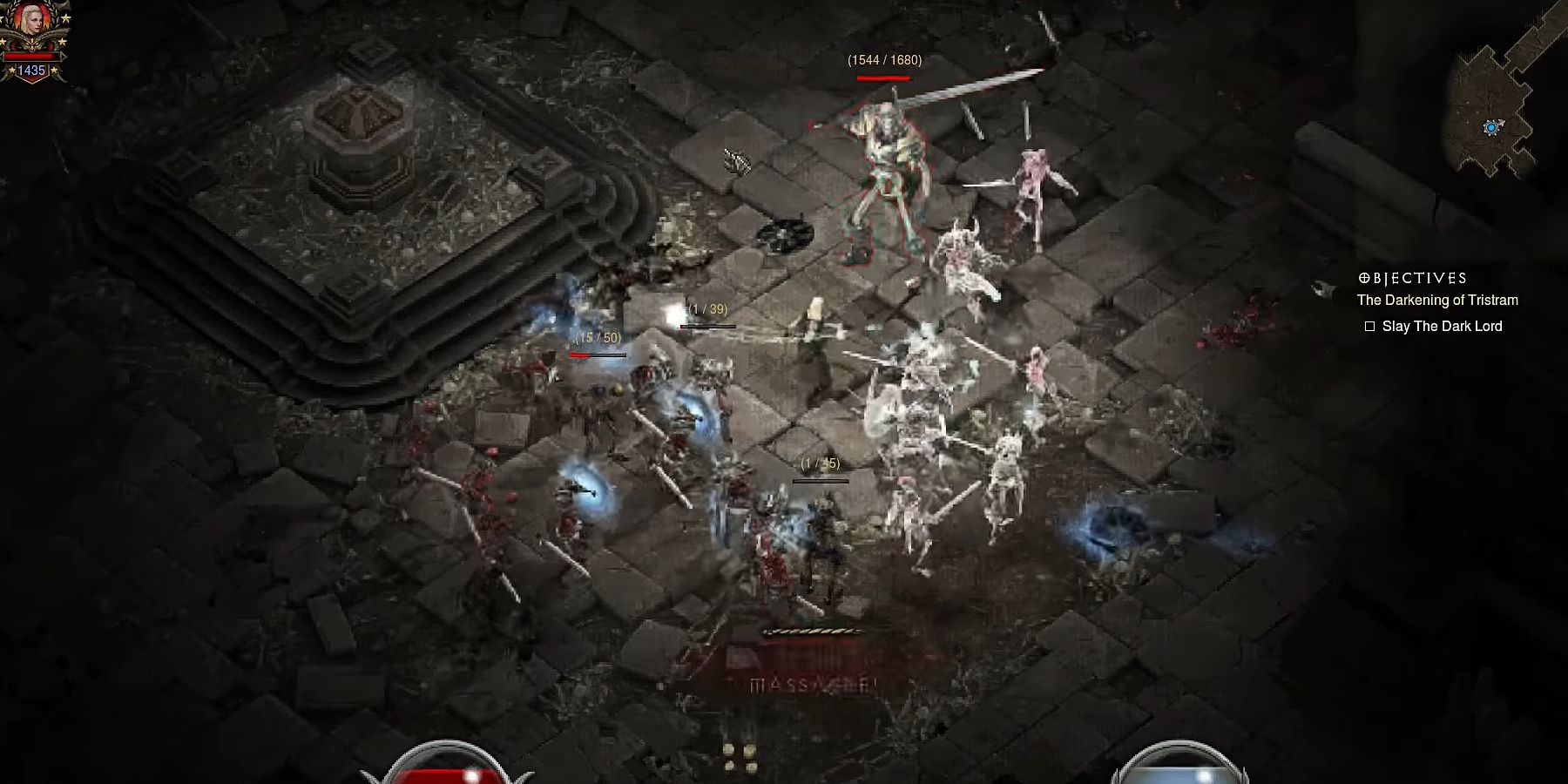 The Sekeleton King in Diablo 3, the player is surrounded by hordes of skeletons while the Skeleton King is about to be struck by the players attack