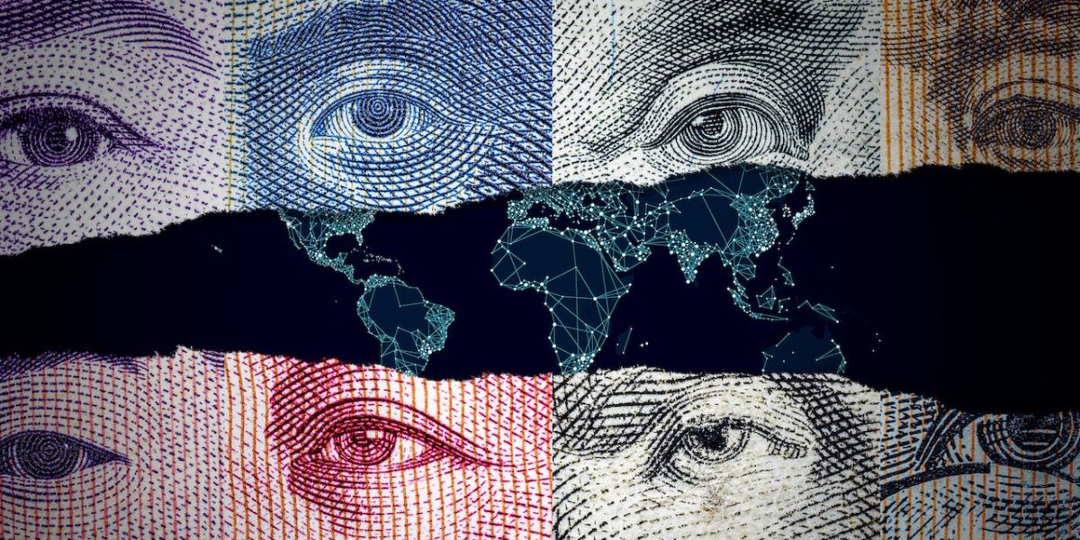 A collage of images of eyes from currency notes in a still from Dirty Money