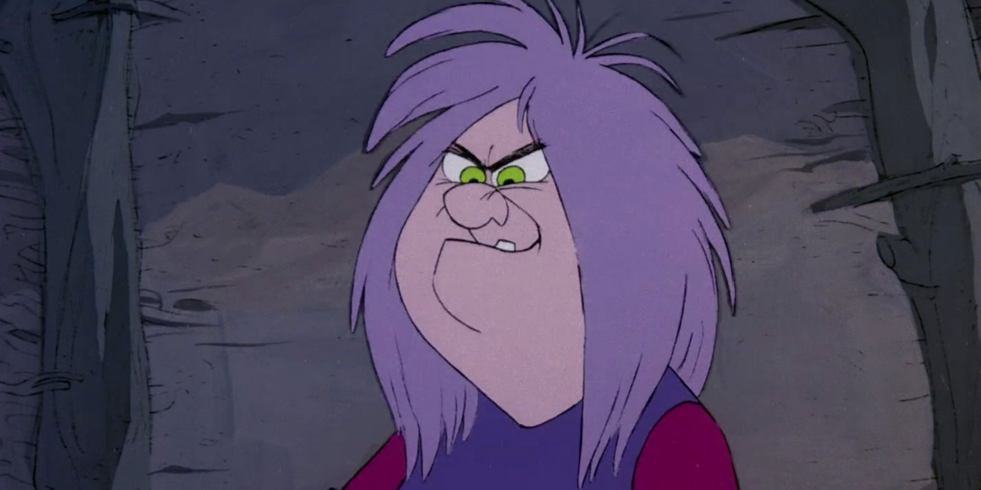 Madam Mim glares and smiles in The Sword In The Stone. 