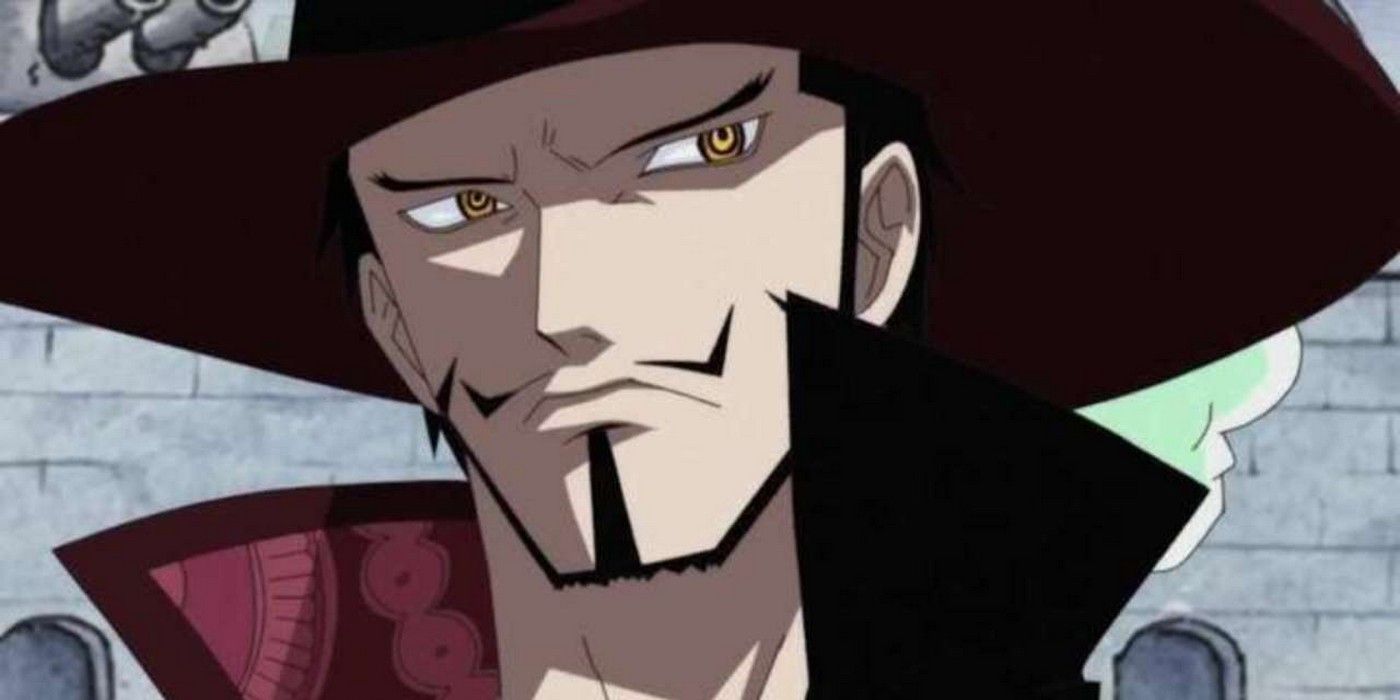 Dracule Mihawk frowning and looking distrustful in One Piece