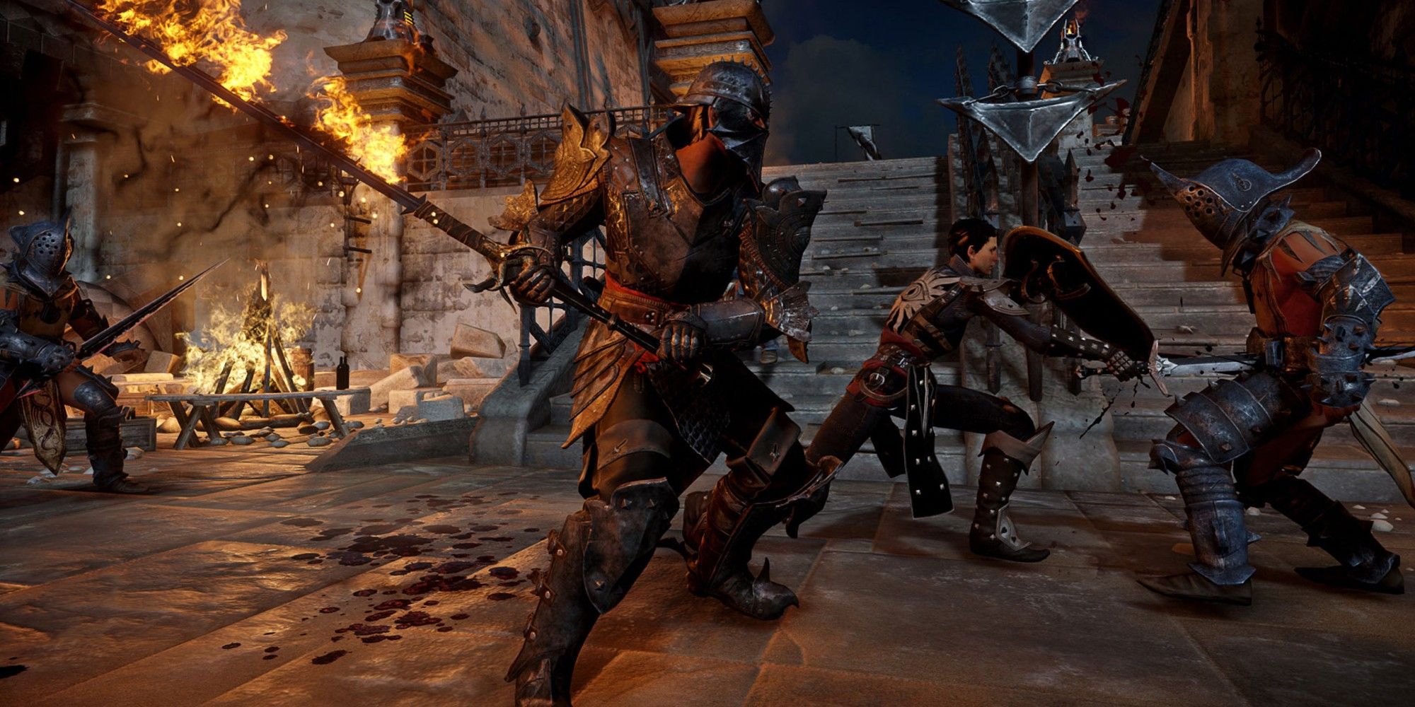 Two warriors fight enemies in Dragon Age: Inquisition