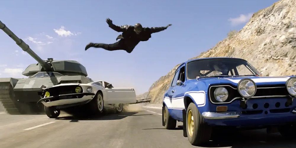 Roman jumping between cars in Fast & Furious