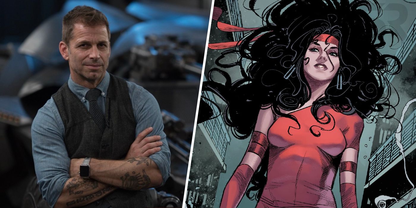 Split image: Zack Snyder stands with his arms crossed, Elektra in the pages of Marvel Comics.