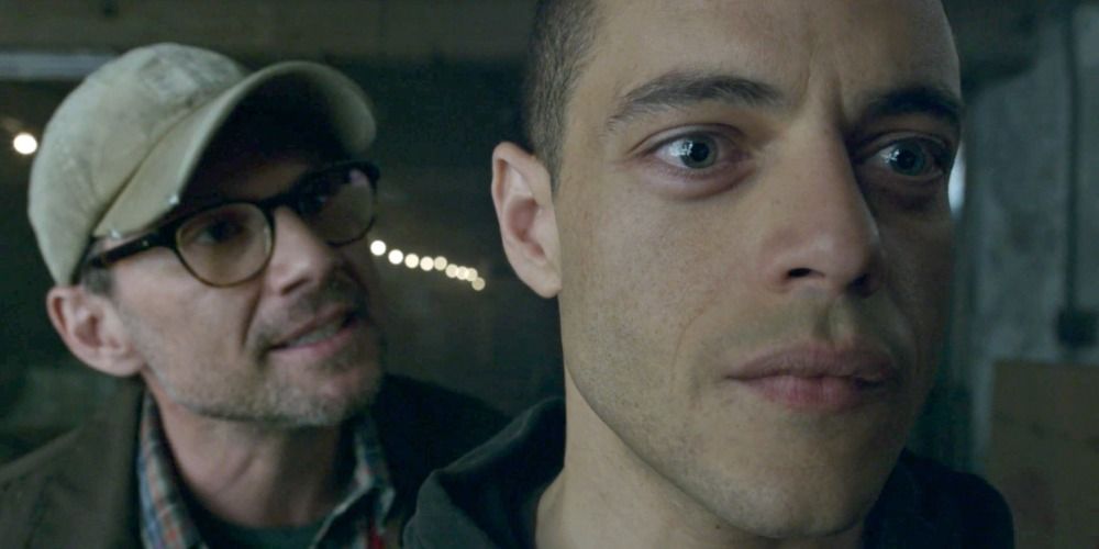 A close-up of Christian Slater and Rami Malek from Mr. Robot