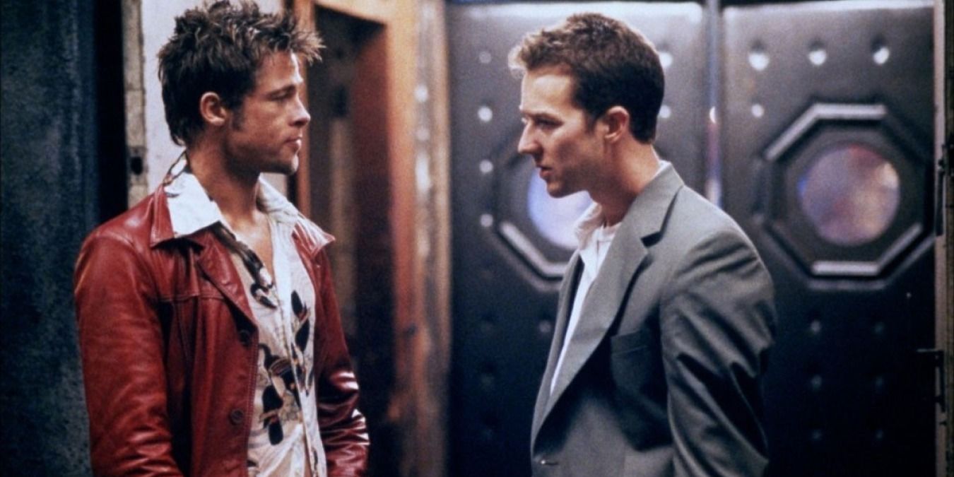 Tyler and the Narrator talk outside a bar in Fight Club