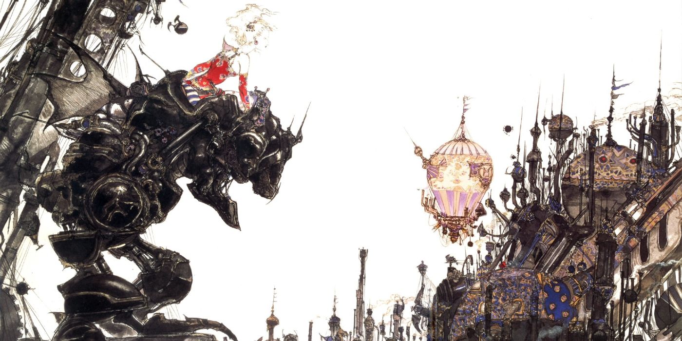 Arte promocional de Final Fantasy VI com Terra em cima de um mech.