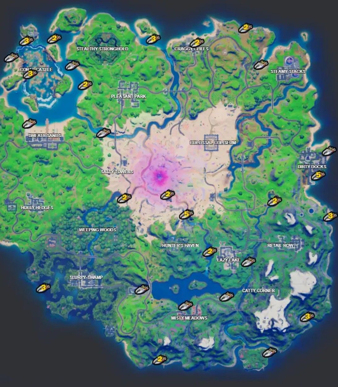 Map of all known motorboat spawn locations in Fortnite Season 5