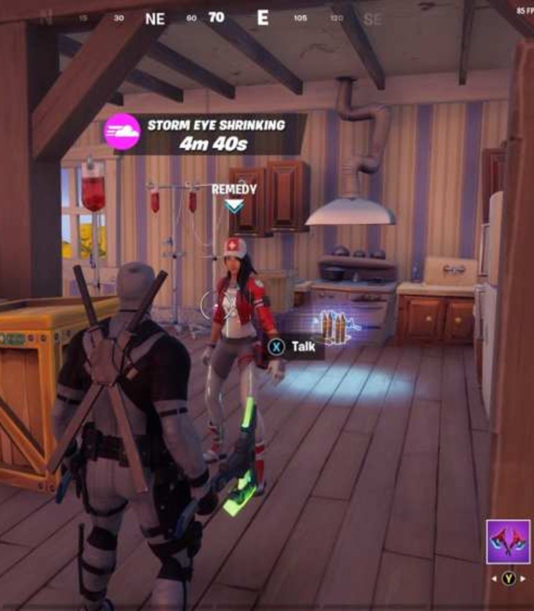 A player finds Remedy in Hilltop House near Pleasant Park in Fortnite Season 5