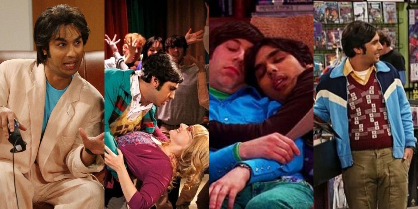 Four split images of Raj in different scenes of TBBT