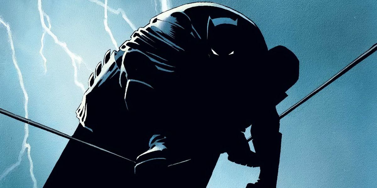 Batman crouching on a rope with lightning in the sky behind him in The Dark Knight Returns comic book.