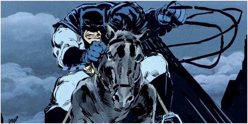 Comic book art: Batman riding a black horse.