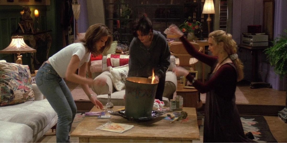 Rachel, Phoebe, and Monica setting fire to their ex's stuff