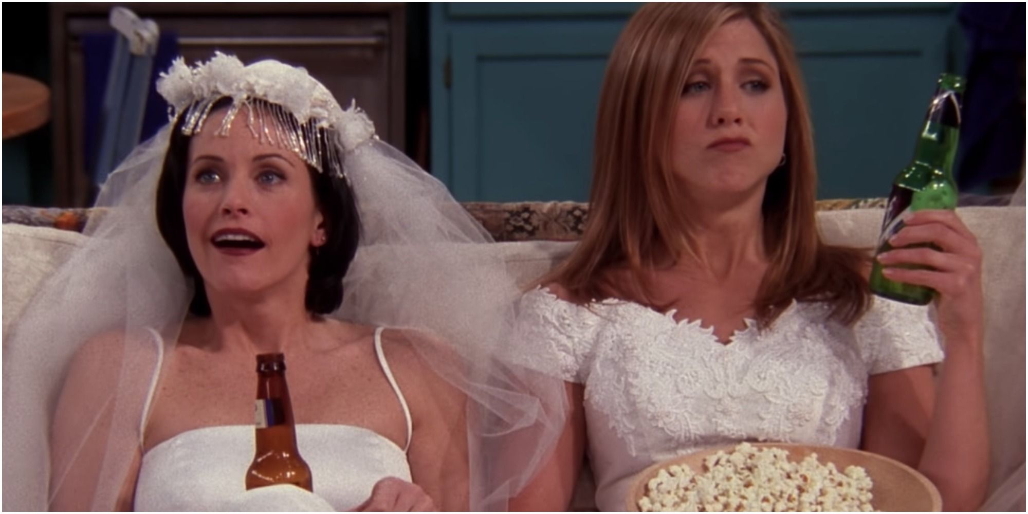Friends Rachel and Monica in wedding dresses